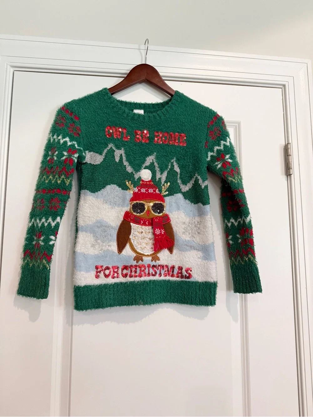 Girl’s Green Christmas Owl Sweater